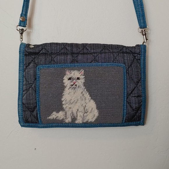 Vintage Handbags - Vintage Embroidered Cat Crossbody Wallet Purse Bag